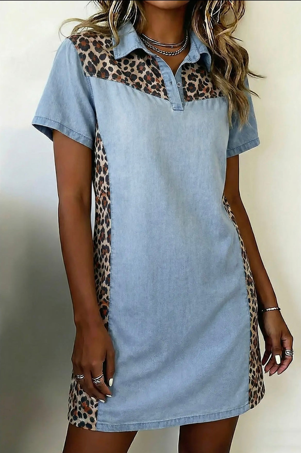 Denim dress with leopard accents